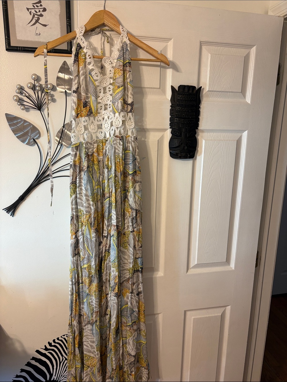 Luxxel Lace Halter Maxi Dress in Yellow and Gray